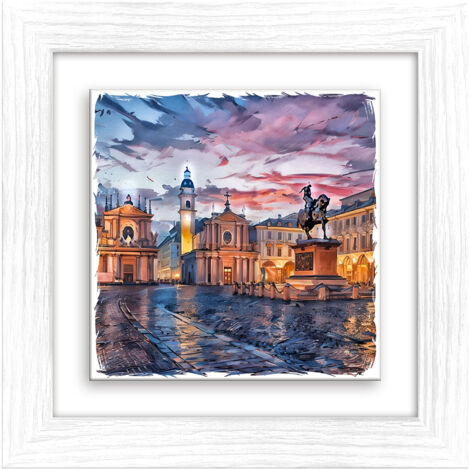 Lupia - Quadro moderno con paesaggi e localismi italiani, Ceramica e Stampa Rilievo, Cornice Legno Shabby Modern bianca Decorazione Parete Quadretti Soggiorno 29x29 cm TORINO PIAZZA SAN CARLO TWILIGHT