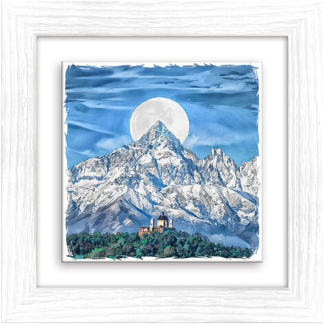 Lupia - Quadro moderno con paesaggi e localismi italiani, Ceramica e Stampa Rilievo, Cornice Legno Shabby Modern bianca, Decorazione Parete, Quadretti Soggiorno, 29x29 cm, TORINO TRAMONTO BLU