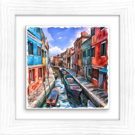 Lupia - Quadro moderno con paesaggi e localismi italiani, Ceramica e Stampa Rilievo, Cornice Legno Shabby Modern bianca, Decorazione Parete, Quadretti Soggiorno, 29x29 cm, VENEZIA CANALE CASE COLORATE