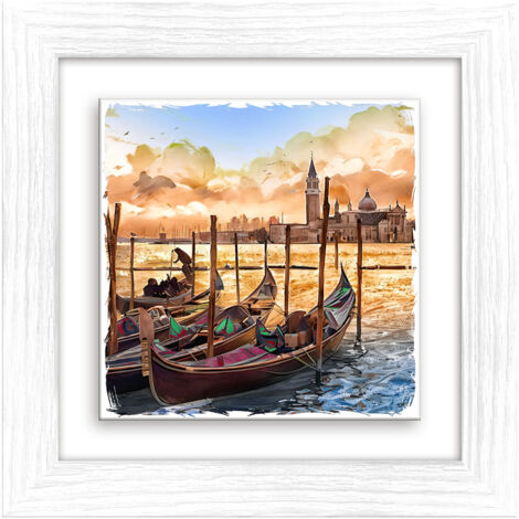 Lupia - Quadro moderno con paesaggi e localismi italiani, Ceramica e Stampa Rilievo, Cornice Legno Shabby Modern bianca, Decorazione Parete Quadretti Soggiorno 29x29 cm VENEZIA GONDOLE ISOLA S.GIORGIO