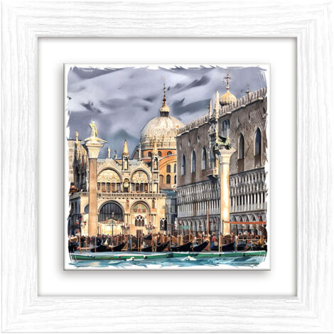 Lupia - Quadro moderno con paesaggi e localismi italiani, Ceramica e Stampa Rilievo, Cornice Legno Shabby Modern bianca, Decorazione Parete Quadretti Soggiorno 29x29 cm VENEZIA PIAZZA SAN MARCO GIORNO