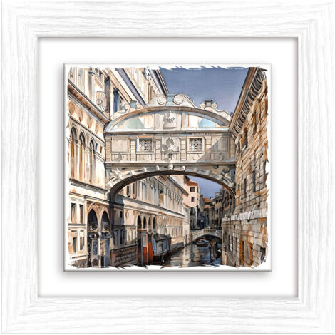 Lupia - Quadro moderno con paesaggi e localismi italiani, Ceramica e Stampa Rilievo, Cornice Legno Shabby Modern bianca, Decorazione Parete, Quadretti Soggiorno, 29x29 cm, VENEZIA PONTE DEI SOSPIRI