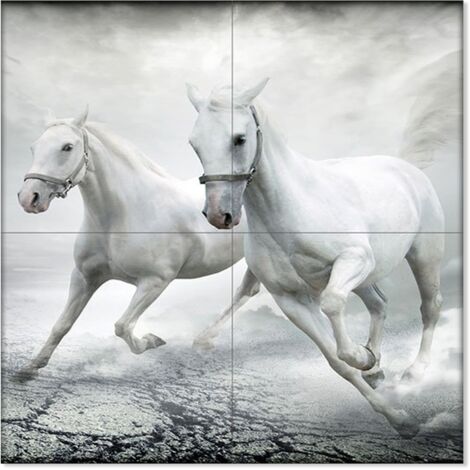 Lupia - Quadro moderno grande su tela WALL 160x160 cm ANIMALI CAVALLI BIANCHI, set 4 pz tele 80x80 cm per soggiorno camera da letto
