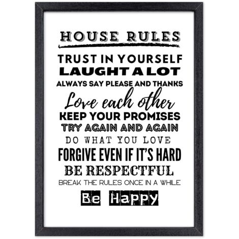 Lupia - Quadro Moderno in legno mdf con Cornice OPTICAL in Legno Sottile Nera HOUSE RULES 32x42 cm, Poster con Frasi motivazionali, decorazione arredo Casa, Ufficio, Regalo, Pronto da Appendere