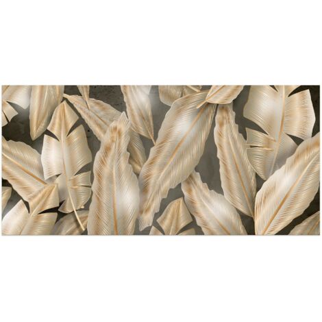Lupia - Quadro Moderno MONDIE' GOLD TROPICAL LEAVES con Stampa Alta Definizione, Lamina Argento o Oro, Adatto a Soggiorno e Camera, Made in Italy, 31x66 cm, poster su Legno