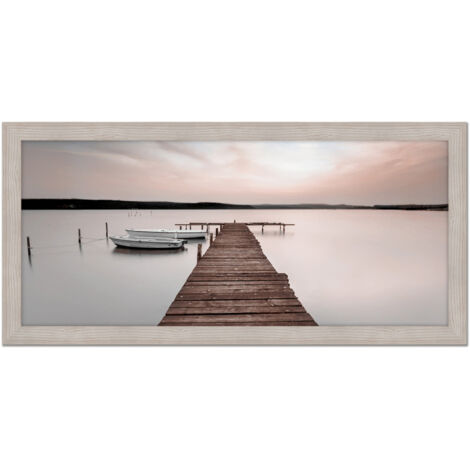 Lupia - Quadro moderno, per soggiorno camera da letto, con cornice BOSTON colore BEIGE, 60x110 cm, LAKE VIEW stampa su pannello in legno, stile paesaggio lago