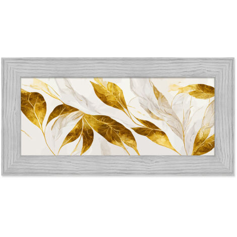 Lupia - Quadro moderno, per soggiorno camera da letto, con cornice BOSTON colore GREY, 28x57 cm, GOLDEN LEAVES stampa su pannello in legno, stile naturale