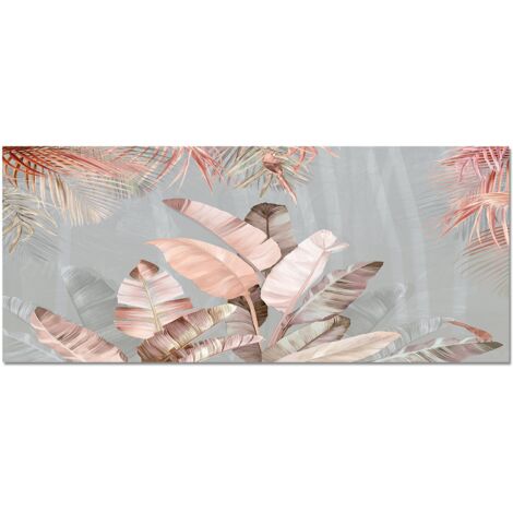 Lupia - Quadro Moderno PICTURES Pink Leaves su Tela Materica a Rilievo, Foglie Tropicali Rosa, Decorazione Artigianale Italiana, Adatto per Soggiorno e Camera, Telaio Ecologico, 52x122 cm
