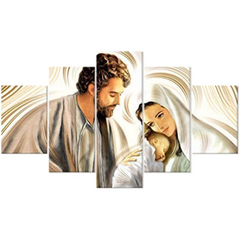 Lupia - Quadro moderno Sacra Famiglia 5 pezzi in legno VOGUE 66X115 cm NATIVITY Brown, per soggiorno, camera da letto