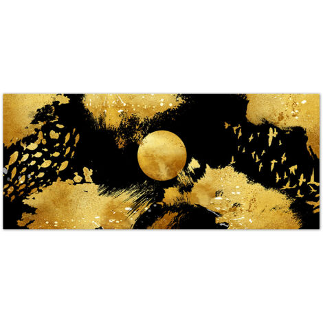 Lupia - Quadro moderno Stampa su Tela Canvas World GOLD NATURE 52x122 cm  Arte Moderna astratta con Uccelli in sfondo oro e nero  Telaio in Fibra di Legno Ecologica, Legno