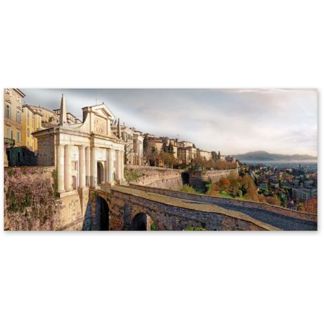 Lupia - Quadro moderno su Tela Canvas DEEP 65X143 cm, con paesaggi e localismi italiani, per casa, soggiorno, capezzale camera da letto, hotel, ufficio, BERGAMO - NEW PORTA S. GIACOMO PANORAMA