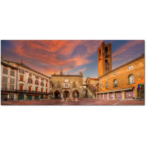 Lupia - Quadro moderno su Tela Canvas DEEP 65X143 cm, con paesaggi e localismi italiani, per casa, soggiorno, capezzale camera da letto, hotel, ufficio, BERGAMO - PIAZZA VECCHIA