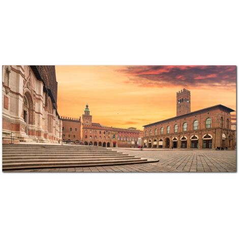 Lupia - Quadro moderno su Tela Canvas DEEP 65X143 cm, con paesaggi e localismi italiani, per casa, soggiorno, capezzale camera da letto, hotel, ufficio, BOLOGNA - PIAZZA MAGGIORE SERA