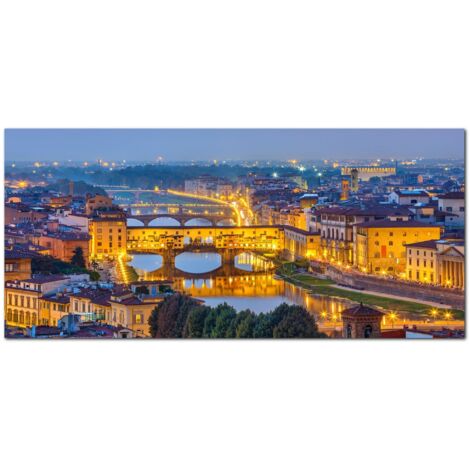 Lupia - Quadro moderno su Tela Canvas DEEP 65X143 cm, con paesaggi e localismi italiani, per casa, soggiorno, capezzale camera da letto, hotel, ufficio, FIRENZE - PANORAMA PONTE VECCHIO SERA