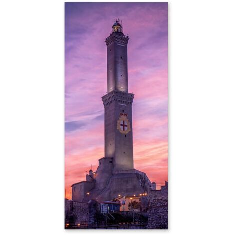 Lupia - Quadro moderno su Tela Canvas DEEP 65X143 cm, con paesaggi e localismi italiani, per casa, soggiorno, capezzale camera da letto, hotel, ufficio, GENOVA - TRAMONTO SULLA LANTERNA