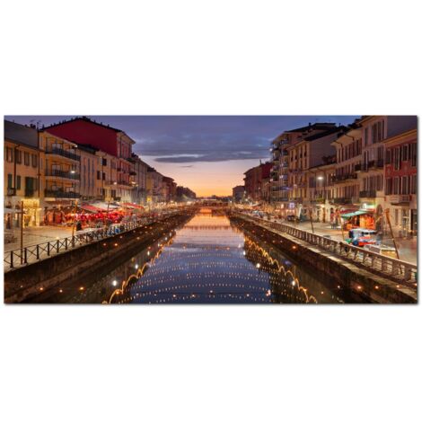Lupia - Quadro moderno su Tela Canvas DEEP 65X143 cm, con paesaggi e localismi italiani, per casa, soggiorno, capezzale camera da letto, hotel, ufficio, MILANO - NAVIGLIO TWILIGHT