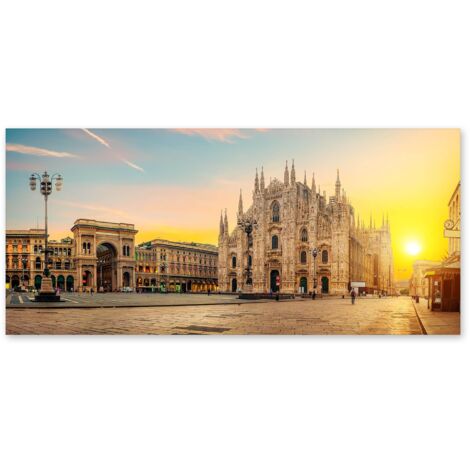 Lupia - Quadro moderno su Tela Canvas DEEP 65X143 cm, con paesaggi e localismi italiani, per casa, soggiorno, capezzale camera da letto, hotel, ufficio, MILANO - TRAMONTO SUL DUOMO