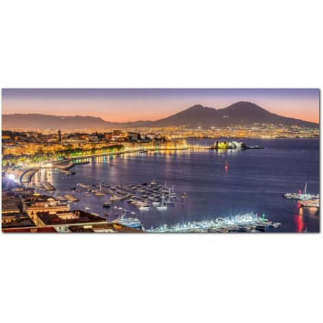 Lupia - Quadro moderno su Tela Canvas DEEP 65X143 cm, con paesaggi e localismi italiani, per casa, soggiorno, capezzale camera da letto, hotel, ufficio, NAPOLI - VESUVIO SERA