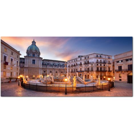 Lupia - Quadro moderno su Tela Canvas DEEP 65X143 cm, con paesaggi e localismi italiani, per casa, soggiorno, capezzale camera da letto, hotel, ufficio, PALERMO - FONTANA PRETORIA