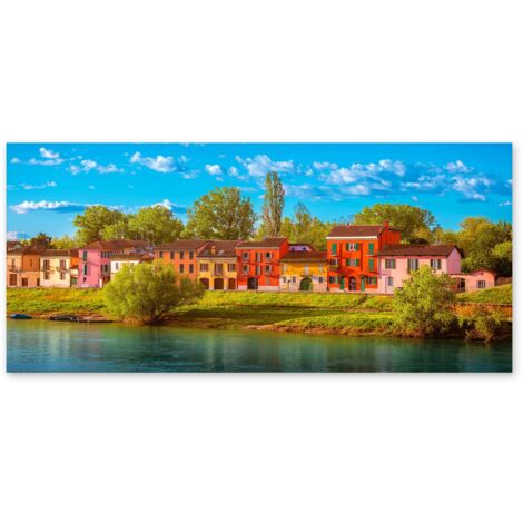 Lupia - Quadro moderno su Tela Canvas DEEP 65X143 cm, con paesaggi e localismi italiani, per casa, soggiorno, capezzale camera da letto, hotel, ufficio, PAVIA - CASE COLORATE SUL FIUME