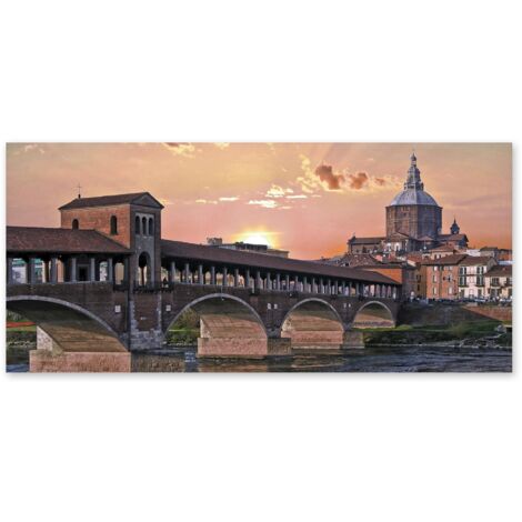 Lupia - Quadro moderno su Tela Canvas DEEP 65X143 cm, con paesaggi e localismi italiani, per casa, soggiorno, capezzale camera da letto, hotel, ufficio, PAVIA - PONTE E DUOMO AL TRAMONTO