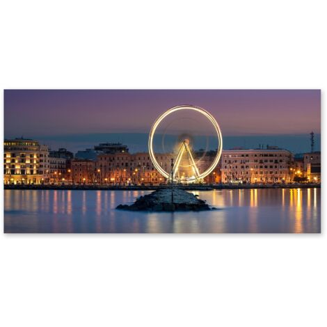 Lupia - Quadro moderno su Tela Canvas DEEP 65X143 cm, con paesaggi e localismi italiani, per casa, soggiorno, capezzale camera da letto, hotel, ufficio, PUGLIA - BARI LUNGOMARE RUOTA PANORAMICA