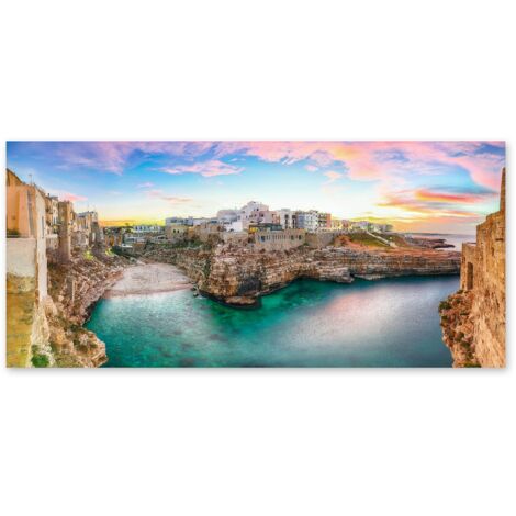 Lupia - Quadro moderno su Tela Canvas DEEP 65X143 cm, con paesaggi e localismi italiani, per casa, soggiorno, capezzale camera da letto, hotel, ufficio, PUGLIA - POLIGNANO A MARE