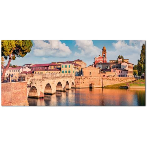 Lupia - Quadro moderno su Tela Canvas DEEP 65X143 cm, con paesaggi e localismi italiani, per casa, soggiorno, capezzale camera da letto, hotel, ufficio, RIMINI - PONTE DI TIBERIO