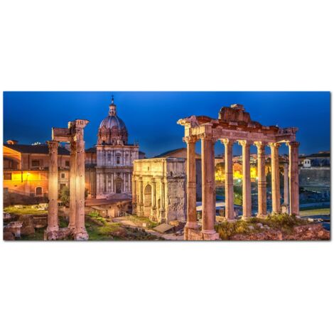 Lupia - Quadro moderno su Tela Canvas DEEP 65X143 cm, con paesaggi e localismi italiani, per casa, soggiorno, capezzale camera da letto, hotel, ufficio, ROMA - FORO ROMANO NIGHT