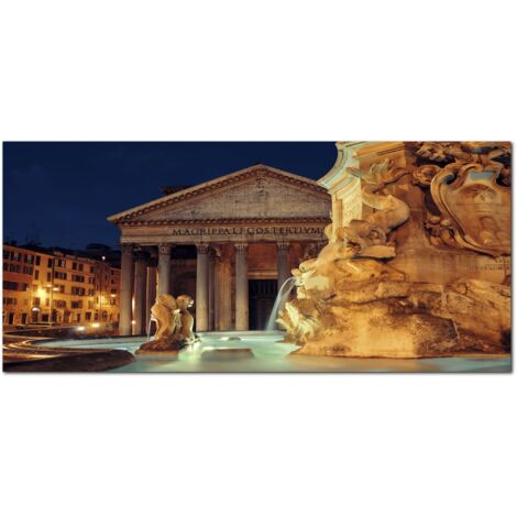 Lupia - Quadro moderno su Tela Canvas DEEP 65X143 cm, con paesaggi e localismi italiani, per casa, soggiorno, capezzale camera da letto, hotel, ufficio, ROMA - PANTHEON CON FONTANA NOTTE