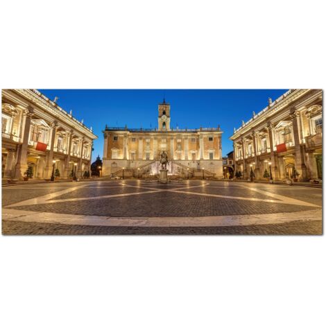 Lupia - Quadro moderno su Tela Canvas DEEP 65X143 cm, con paesaggi e localismi italiani, per casa, soggiorno, capezzale camera da letto, hotel, ufficio, ROMA - PIAZZA DEL CAMPIDOGLIO SERA