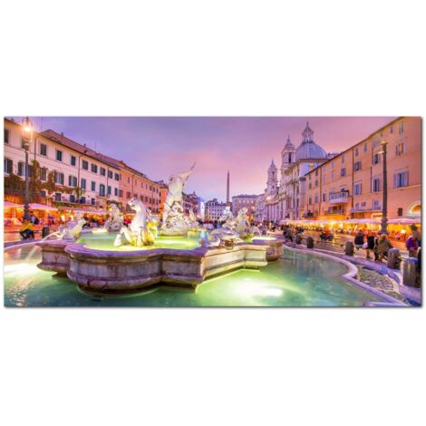Lupia - Quadro moderno su Tela Canvas DEEP 65X143 cm, con paesaggi e localismi italiani, per casa, soggiorno, capezzale camera da letto, hotel, ufficio, ROMA - PIAZZA NAVONA FONTANA NETTUNO