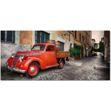 Lupia - Quadro moderno su Tela Canvas DEEP 65X143 cm, con paesaggi e localismi italiani, per casa, soggiorno, capezzale camera da letto, hotel, ufficio, ROMA - TRASTEVERE-CAMIONCINO ROSSO