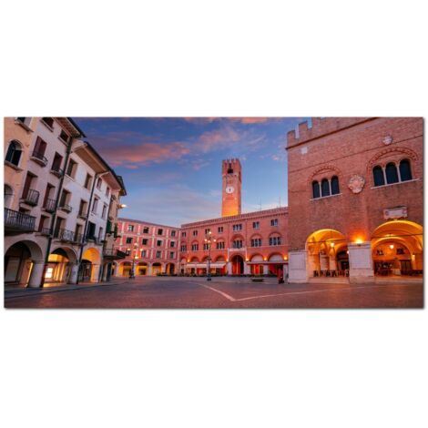 Lupia - Quadro moderno su Tela Canvas DEEP 65X143 cm, con paesaggi e localismi italiani, per casa, soggiorno, capezzale camera da letto, hotel, ufficio, TREVISO - PIAZZA DEI SIGNORI SERA