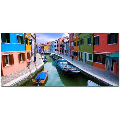 Lupia - Quadro moderno su Tela Canvas DEEP 65X143 cm, con paesaggi e localismi italiani, per casa, soggiorno, capezzale camera da letto, hotel, ufficio, VENEZIA - CANALE CASE COLORATE