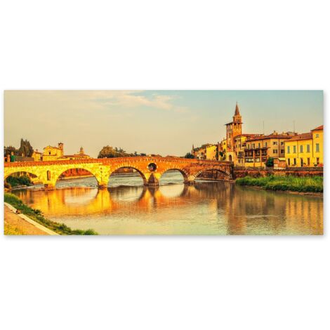 Lupia - Quadro moderno su Tela Canvas DEEP 65X143 cm, con paesaggi e localismi italiani, per casa, soggiorno, capezzale camera da letto, hotel, ufficio, VERONA - PONTE DI PIETRA AL TRAMONTO