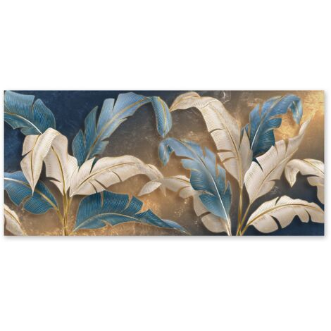 Lupia - Quadro moderno su Tela Canvas DEEP 65x143 cm LEAVES WHITE BLUE, Tela Cotone, Stampa, Made in Italy, Telaio in Legno, casa, soggiorno, capezzale camera da letto, hotel, ufficio