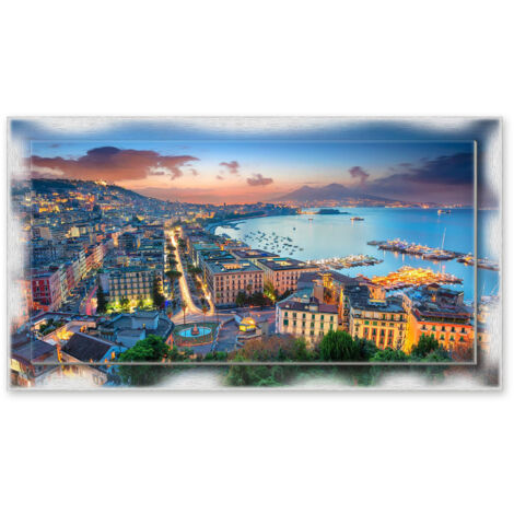 Lupia - Quadro moderno su Tela con Cornice stampata NEWEXT 75x135 cm, paesaggi localismi italiani, per casa soggiorno capezzale camera da letto hotel ufficio, NAPOLI GOLFO SERA