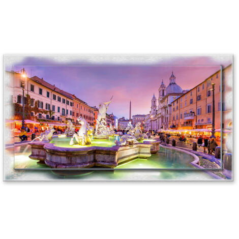 Lupia - Quadro moderno su Tela con Cornice stampata NEWEXT 75x135 cm, paesaggi localismi italiani, per casa soggiorno capezzale camera da letto hotel ufficio, ROMA PIAZZA NAVONA FONTANA NETTUNO