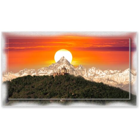 Lupia - Quadro moderno su Tela con Cornice stampata NEWEXT 75x135 cm, paesaggi localismi italiani, per casa soggiorno capezzale camera da letto hotel ufficio, TORINO SUPERGA TRAMONTO ROSSO