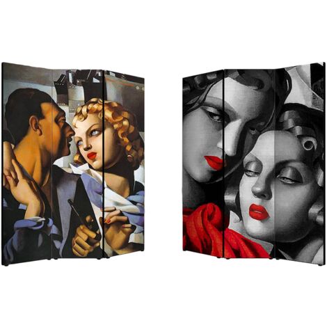 Lupia - Separe' Divisorio Paravento ART DECO 176x135,6x3,2 cm 3 Ante in Legno con Tela stampata Fronte Retro bifacciale