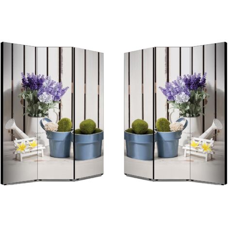 Lupia - Separe' Divisorio Paravento BLUE POTS 176x135,6x3,2 cm 3 Ante in Legno con Tela stampata Fronte Retro bifacciale