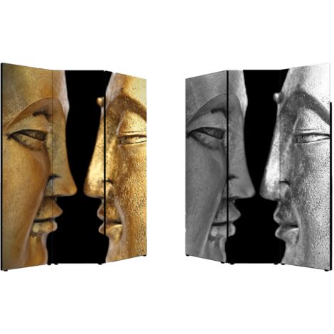 Lupia - Separe' Divisorio Paravento BUDDHA'S PROFILES 176x135,6x3,2 cm 3 Ante in Legno con Tela stampata Fronte Retro bifacciale