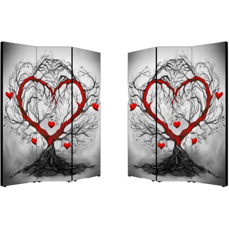 Lupia - Separe' Divisorio Paravento L'ALBERO DELL'AMORE 176x135,6x3,2 cm 3 Ante in Legno con Tela stampata Fronte Retro bifacciale