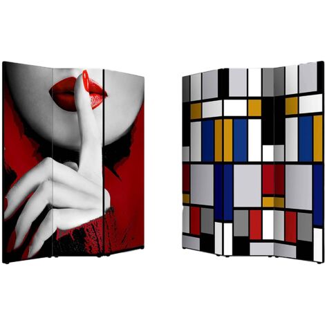 Lupia - Separe' Divisorio Paravento MODERNO GEOMETRICO 176x135,6x3,2 cm 3 Ante in Legno con Tela stampata Fronte Retro bifacciale