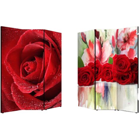 Lupia - Separe' Divisorio Paravento ROSES 176x135,6x3,2 cm 3 Ante in Legno con Tela stampata Fronte Retro bifacciale