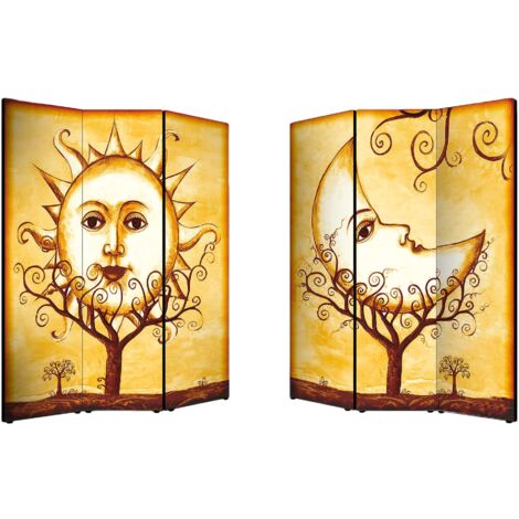 Lupia - Separe' Divisorio Paravento SUN E MOON 176x135,6x3,2 cm 3 Ante in Legno con Tela stampata Fronte Retro bifacciale