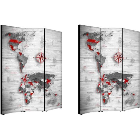 Lupia - Separe' Divisorio Paravento WORLD'S MAP WHITE 176x135,6x3,2 cm 3 Ante in Legno con Tela stampata Fronte Retro bifacciale