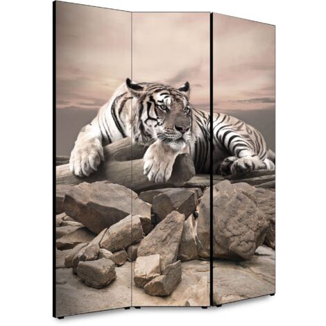 Lupia - Separe' per interni, Divisorio 135,6 x H 176 x P 3,1 cm TIGRE paravento 3 Ante in legno con Tele stampate fronte retro Soggetto unico