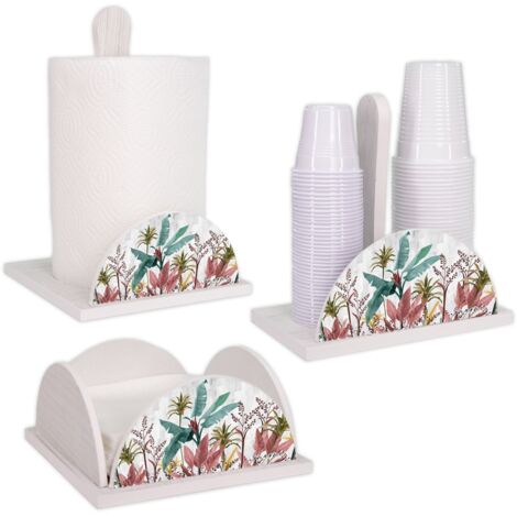 Lupia - Set 3 Pezzi Cucina in Legno White BANANA LEAVES grey: Porta Tovaglioli, Porta Bicchieri, Porta Rotolo, Decorazione Elegante, Adatto a Stili Moderni e Classici, stile foglie banano